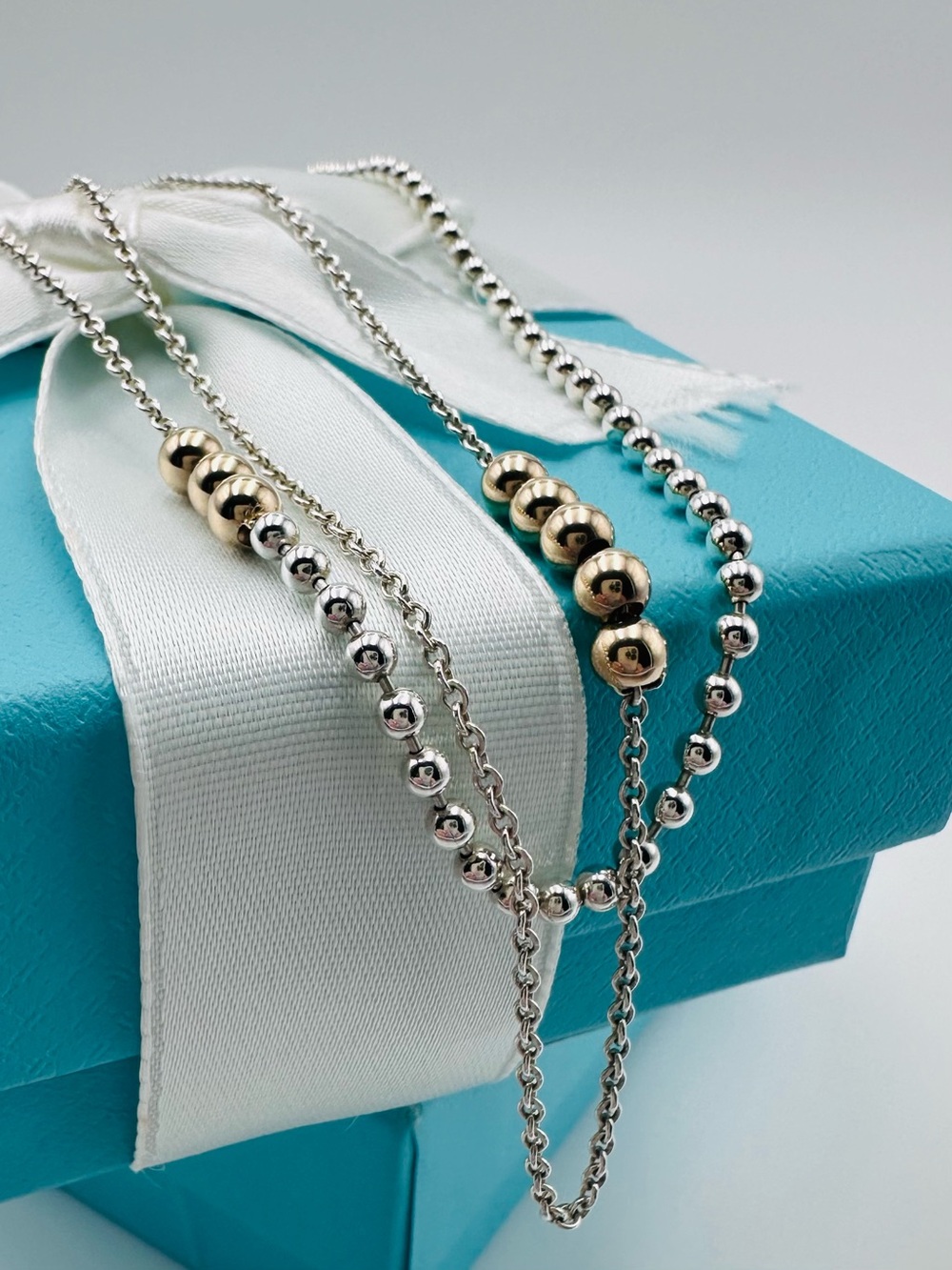 Tiffany & Co. 18K Rose Gold & Silver Mixed Bead Chain Adjustable Necklace Pouch